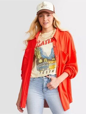 BKE (Buckle)  Poppy Red Oversized Brushed Rib Knit Boyfriend Button-down Shirt